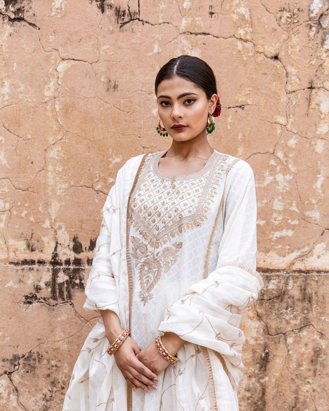 Zardozi Neckline Emira Offwhite Cotton Straight Kurta Set With Dupatta