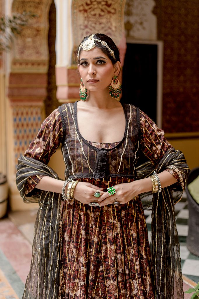 Cotton Printed Farah Black Anarkali Set With Organza Jacket And Dupatta
