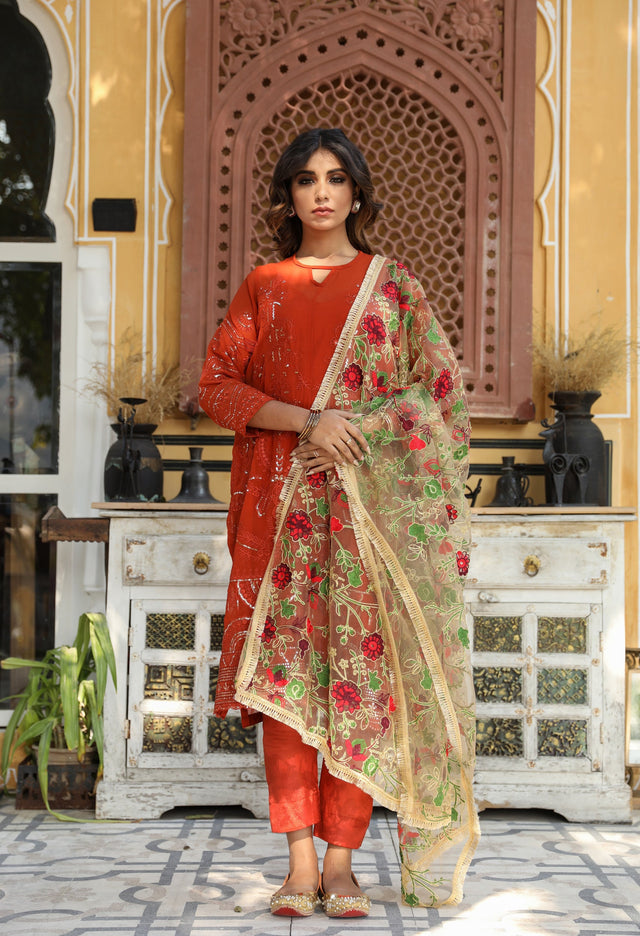 Georgette Gulnaz Burnt Orange Straight Kurta Set With Dupatta