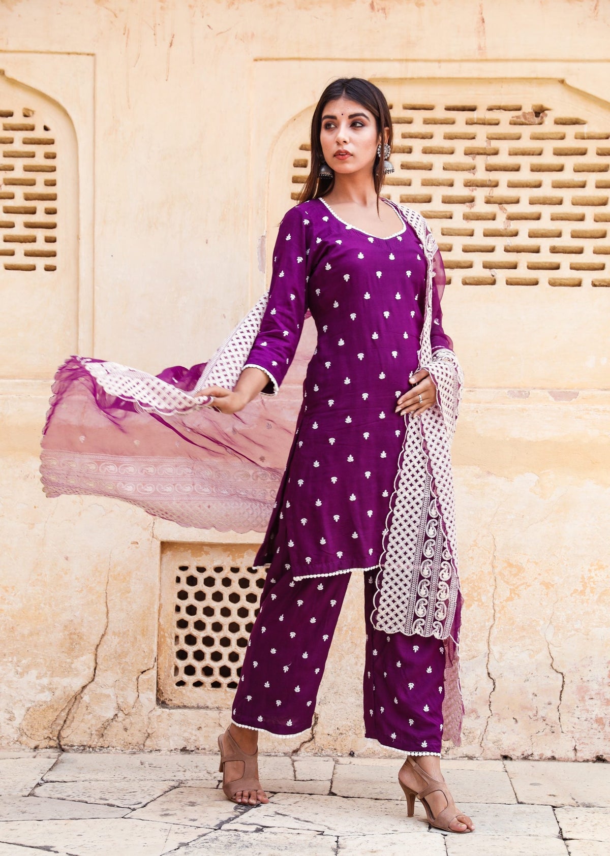 Hairat Purple Cotton Straight Kurta Set With Organza Dupatta