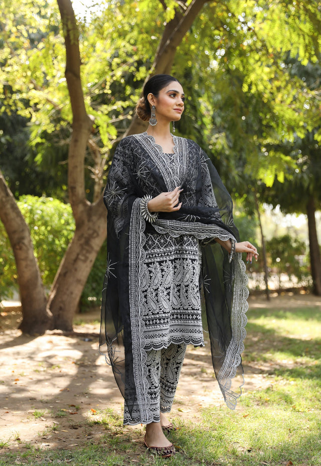 Chikan Hina Black Straight Kurta Set With Organza Dupatta
