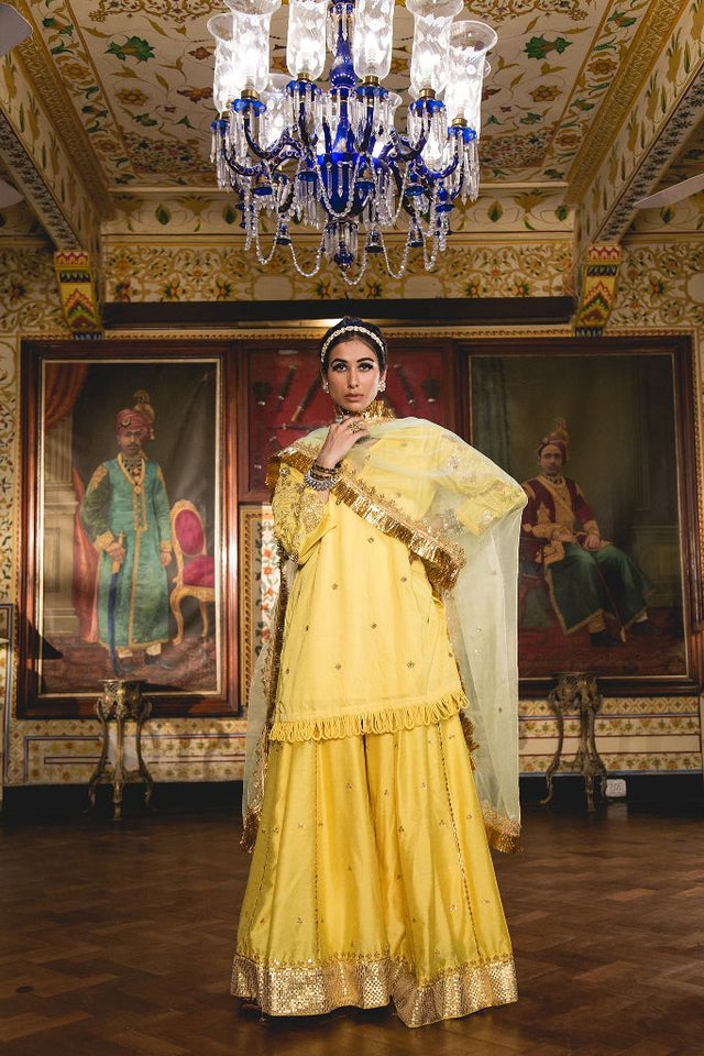 Chanderi Kurta Gotta Pati Zari Imama Yellow Sharara Set With Organza Dupatta