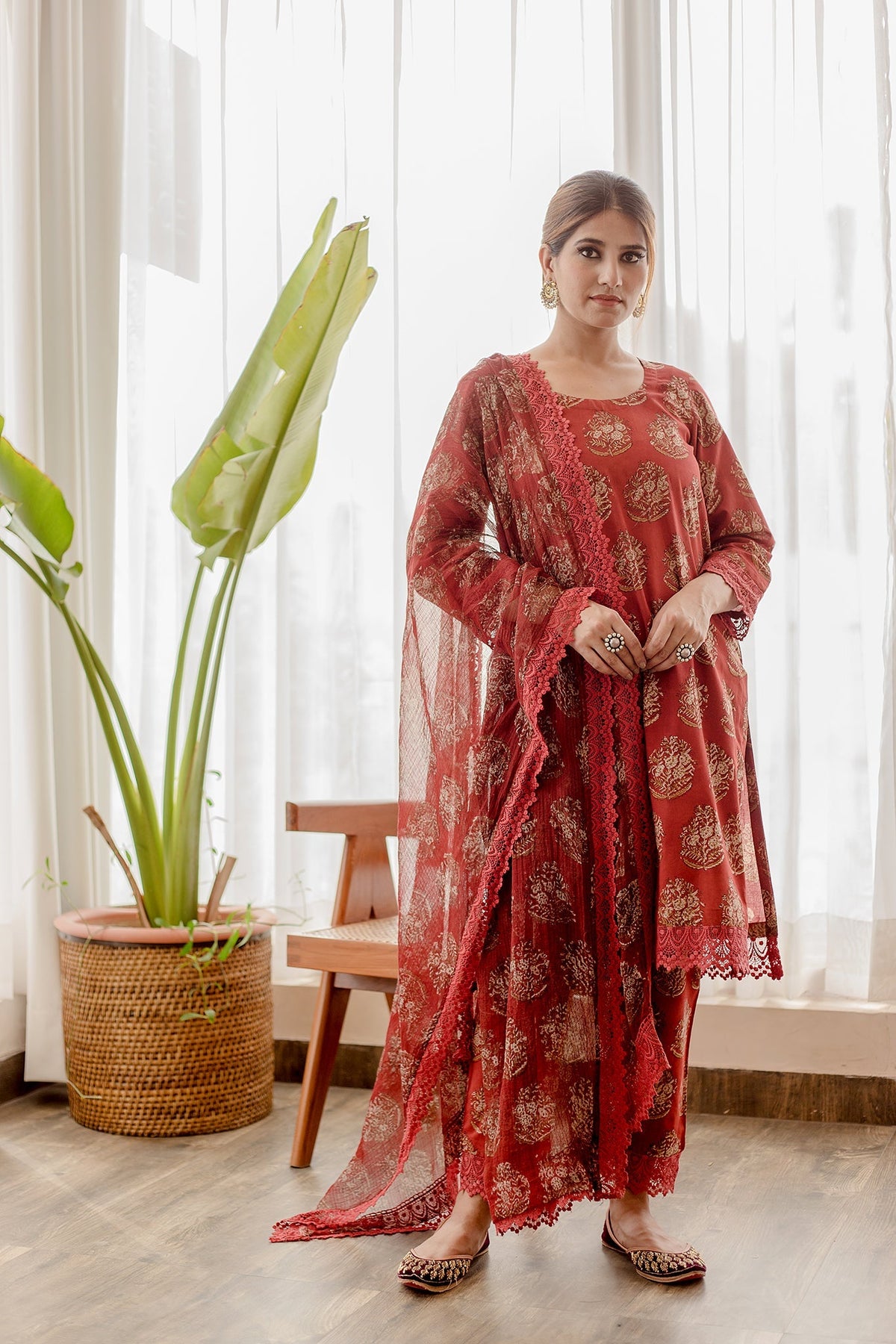 Jasmine Red Cotton Straight Kurta Set With Doriya Dupatta