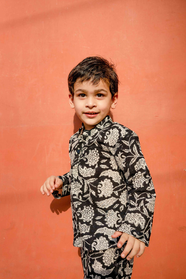 Floral Handblock Kaju Black Cotton Kurta Pant Set