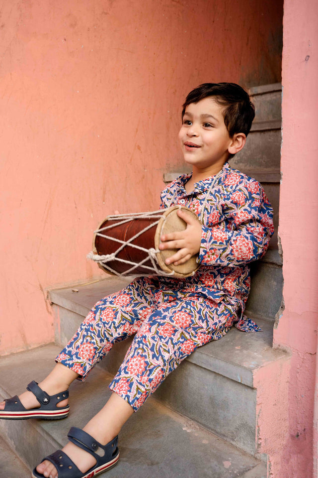 Floral Handblock Kaju Blue Cotton Kurta Pant Set