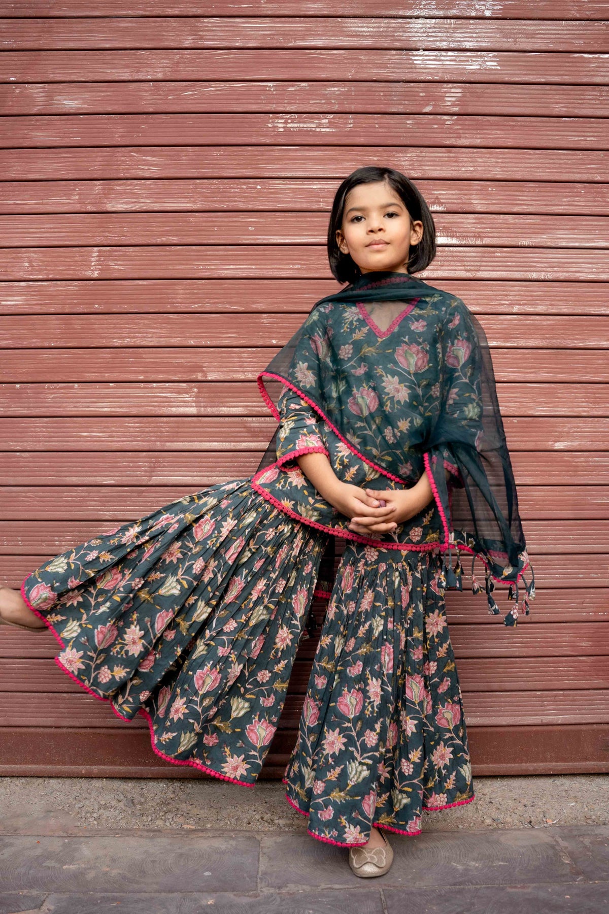 Khubani Green Block Print Cotton Kurta Sharara Set With Organza Dupatta