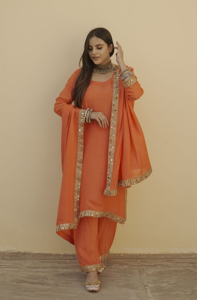 Kalista Orange Mirror Lace Muslin Straight Kurta Set With Dupatta