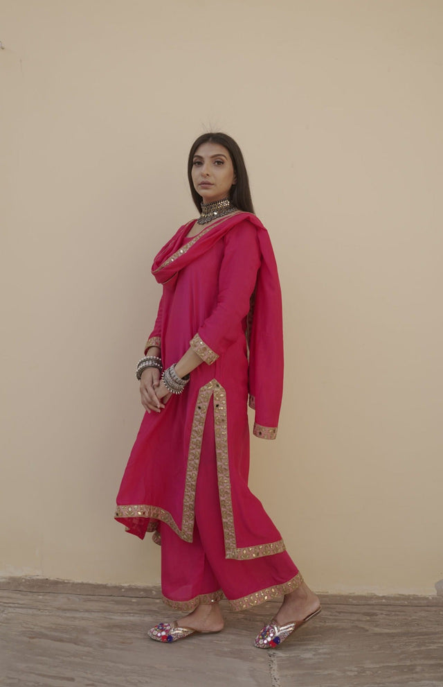 Kalista Pink Mirror Lace Muslin Straight Kurta Set With Dupatta