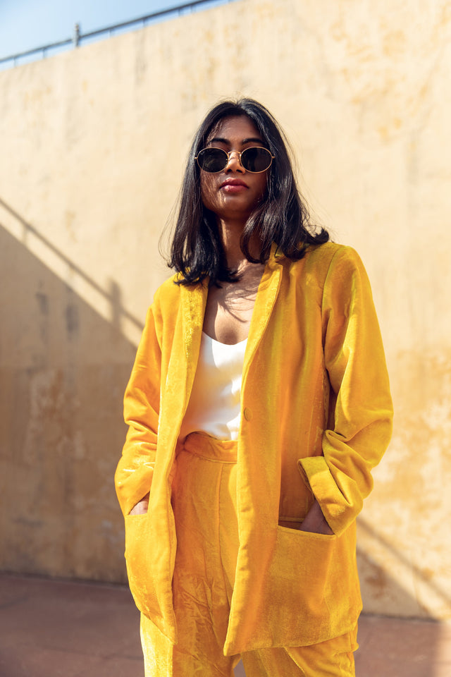 Karla Yellow Velvet Set With Coat