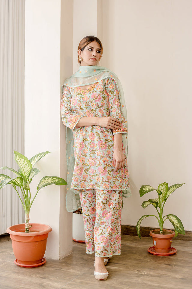 Lily Sky Cotton Straight Kurta Set With Doriya Dupatta