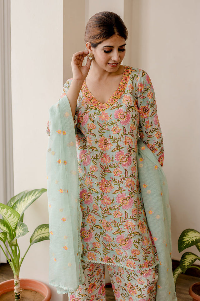 Lily Sky Cotton Straight Kurta Set With Doriya Dupatta