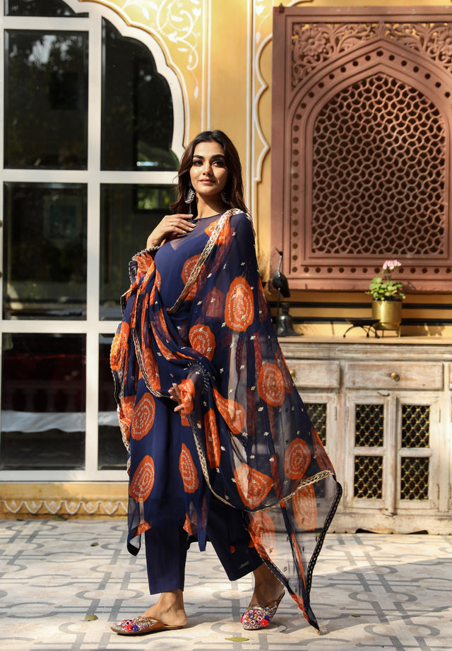 Georgette Bhandej Minal Blue Straight Kurta Set With Dupatta