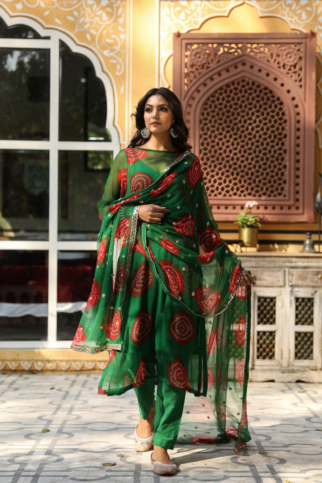 Georgette Bhandej Minal Green Straight Kurta Set With Dupatta