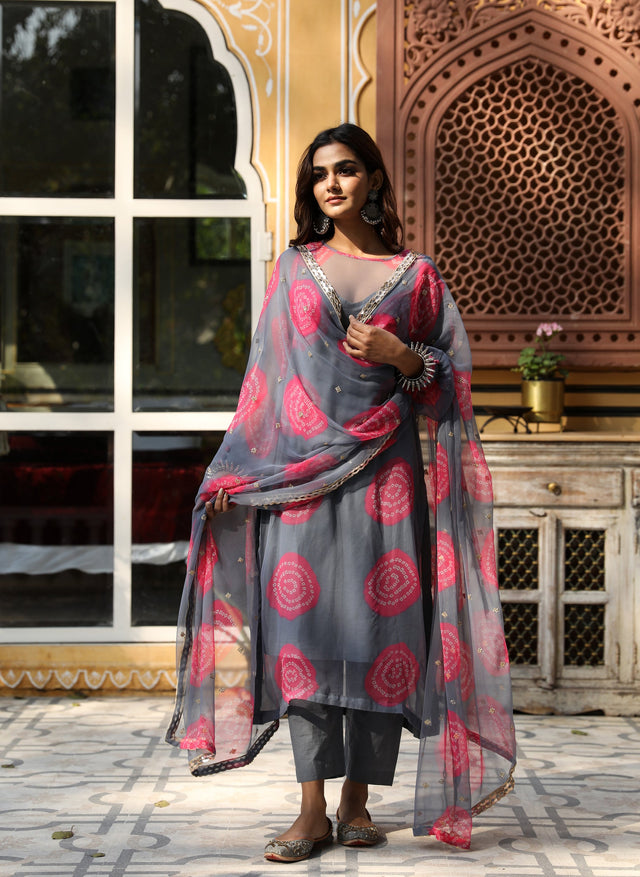 Georgette Bhandej Minal Grey Straight Kurta Set With Dupatta