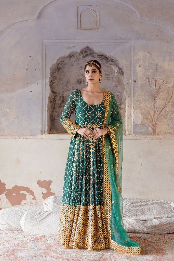 Georgette Mallika Green Gown Set With Organza Dupatta