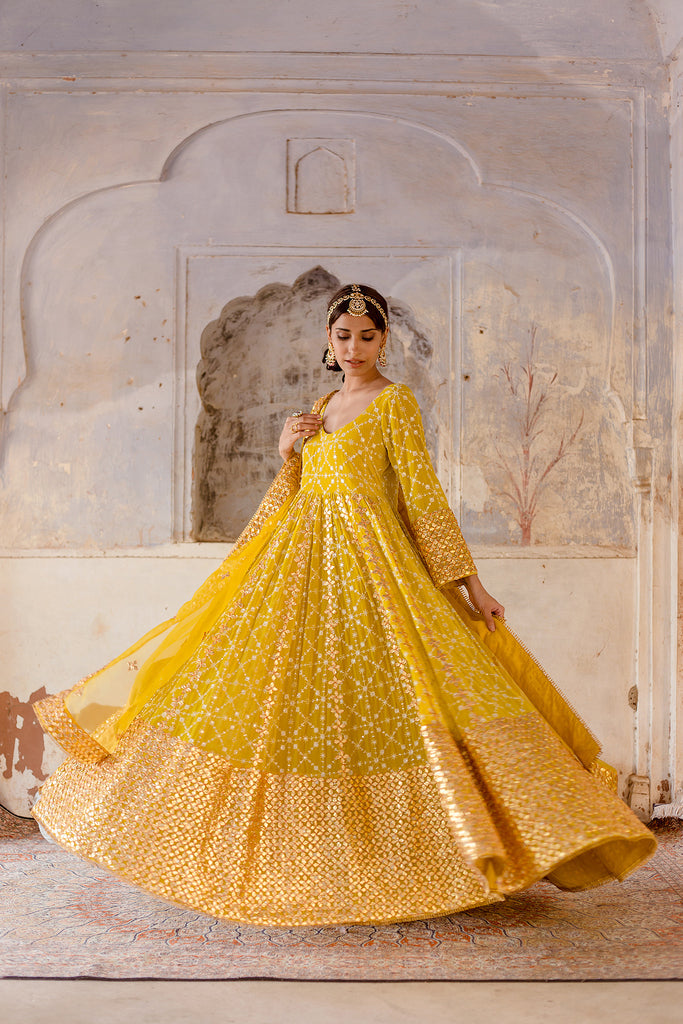 Georgette Mallika Yellow Gown Set with Organza Dupatta