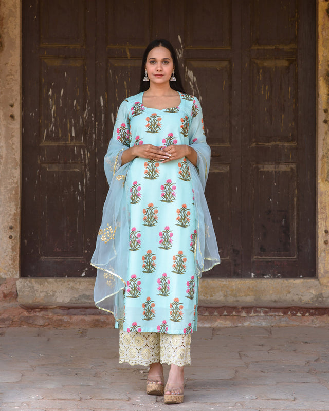 Upada Silk Mehnaaz Sky Kurta Set Chikan Pants With Organza Dupatta