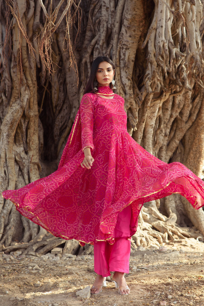 Georgette Bhandhani Naaz Pink Anarkali Set With Dupatta