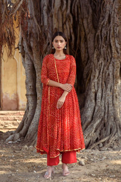 Georgette Bhandej Naaz Red Anarkali Set With Dupatta