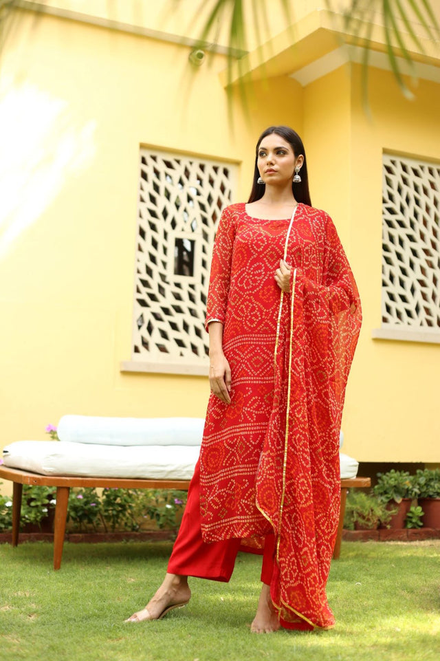 Georgette Bhandhani Naaz Red Straight Kurta Set With Dupatta