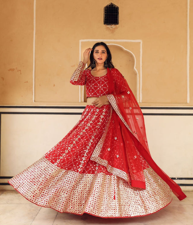 Georgette Nanda Red Lehenga Set With Organza Dupatta