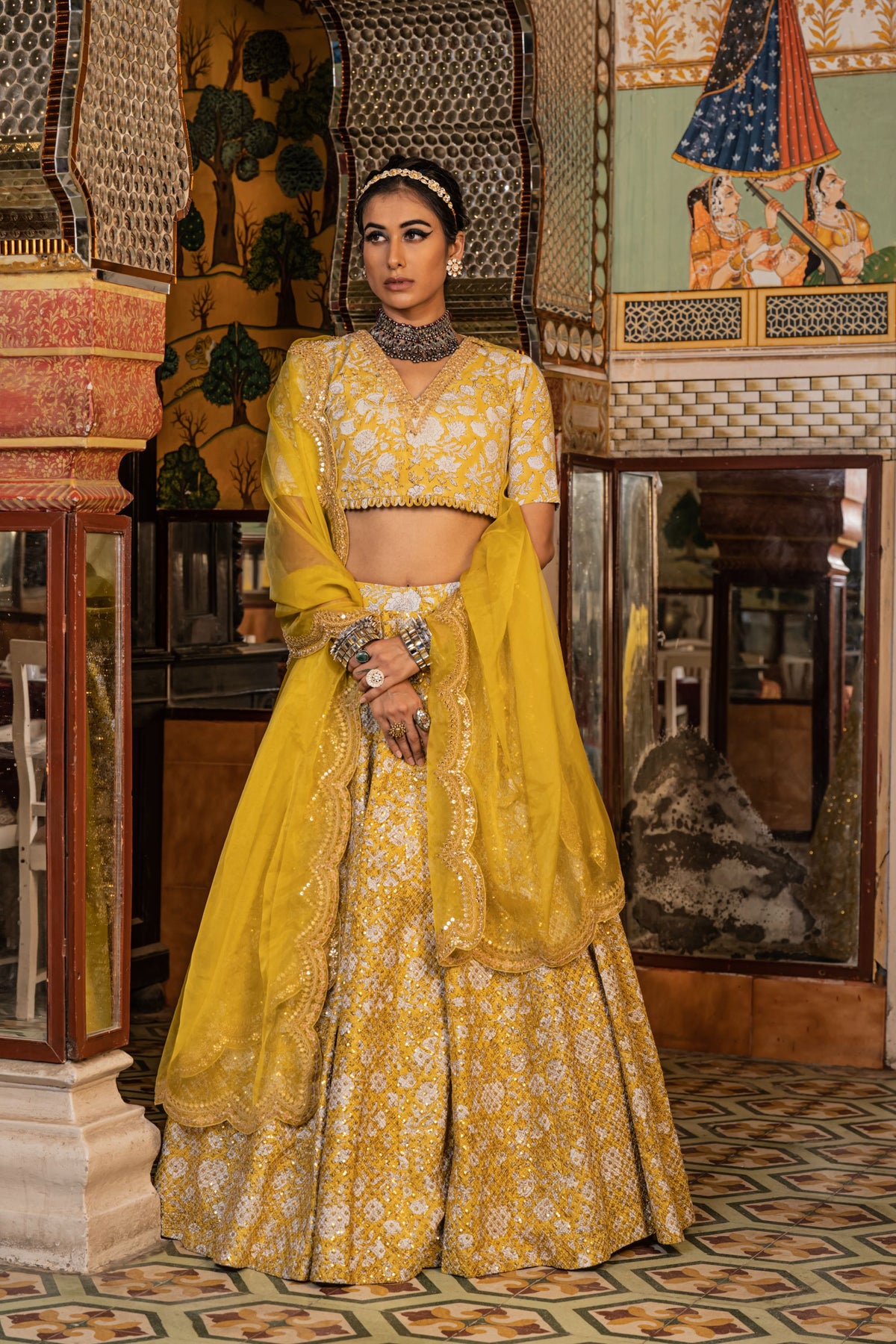 Golden Taari Cotton Block Print Parveen Yellow Lehenga Set With Organza Dupatta