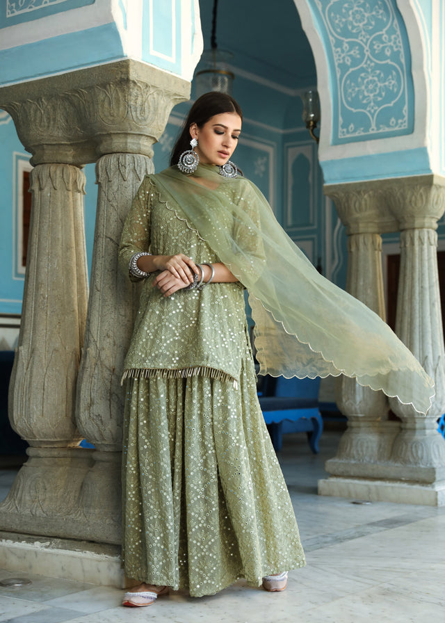 Raatrani Green Mirror Embroidered Kurta Sharara Set With Organza Dupatta
