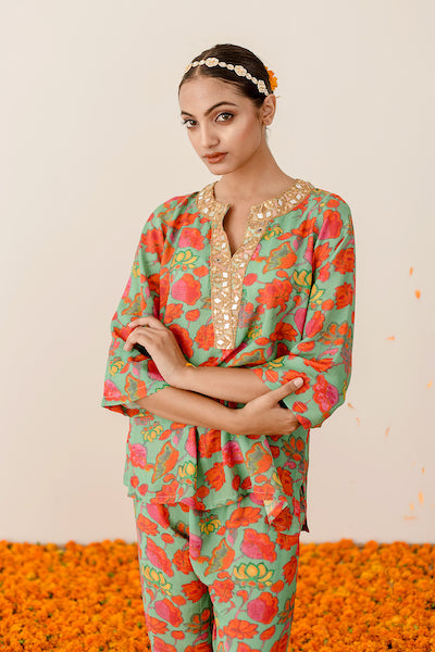 Gold Zardozi Rain Green Co-Ord Muslin Set