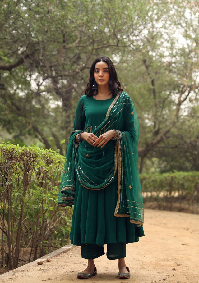 Resham Green Georgette Anarkali Set With Dupatta
