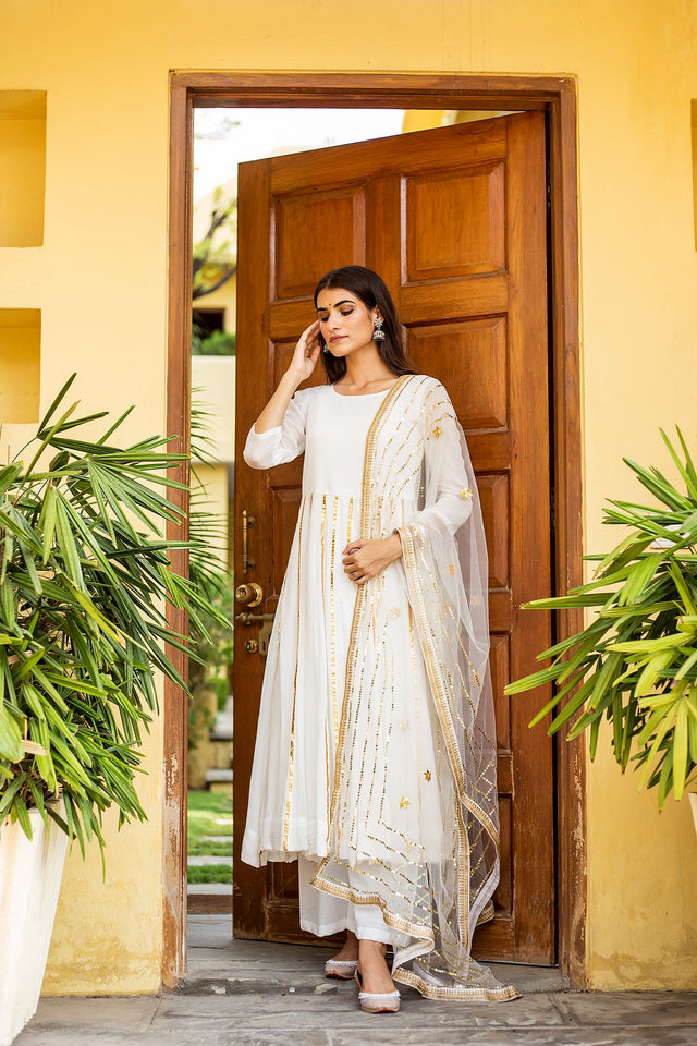 Resham Ivory Georgette Anarkali Set With Dupatta