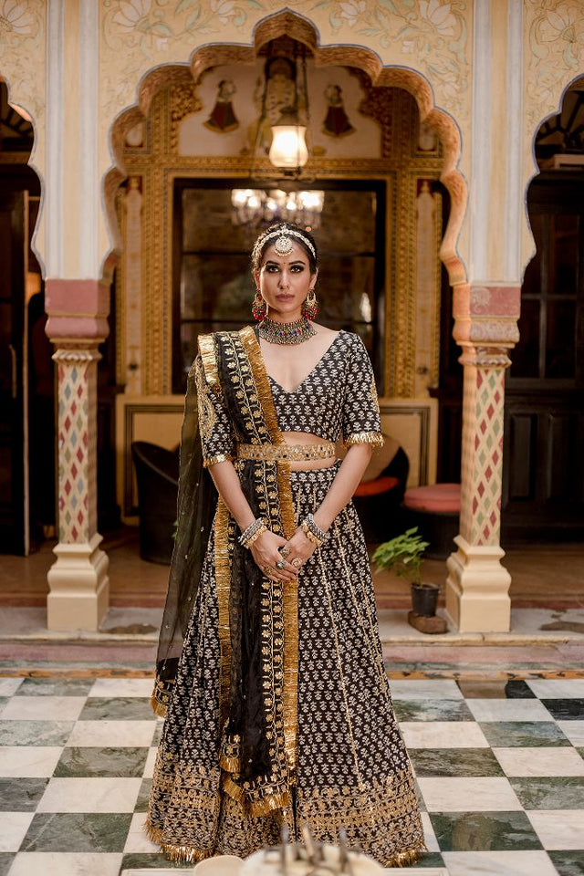 Block Print Gota Patti Detailing Shehzadi Black Lehenga Set With Organza Dupatta