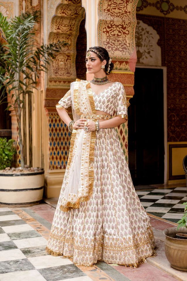 Block Print Gota Patti Detailing Shehzadi White Lehenga Set With Organza Dupatta