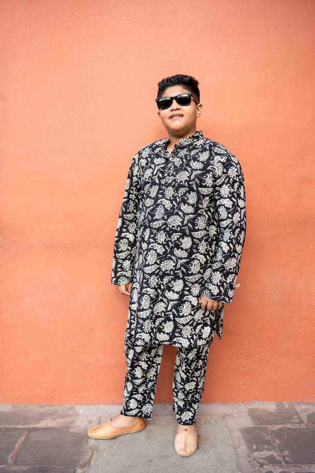 Handblock Print Sohan Black Cotton Kurta Pant Set With Jacket