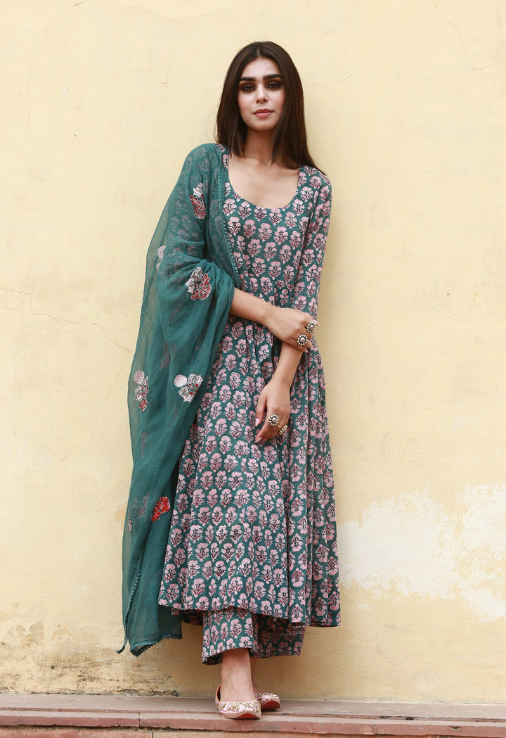 SUNFLOWER GREEN ANARKALI SET Gulabo Jaipur