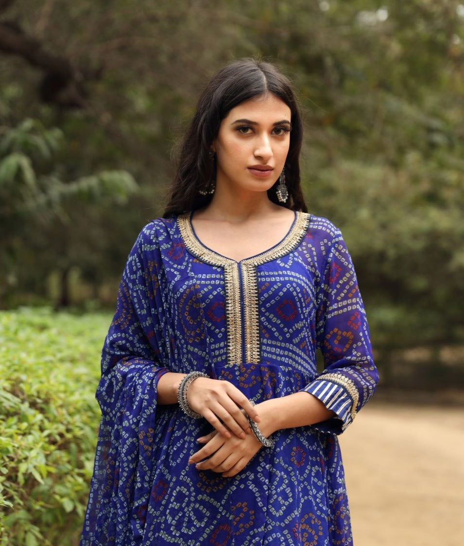 Bhandhani Georgette Sama Anarkali Blue Set With Dupatta