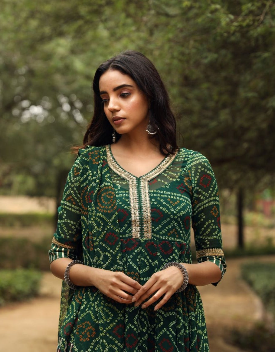 Bhandhani Georgette Sama Anarkali Green