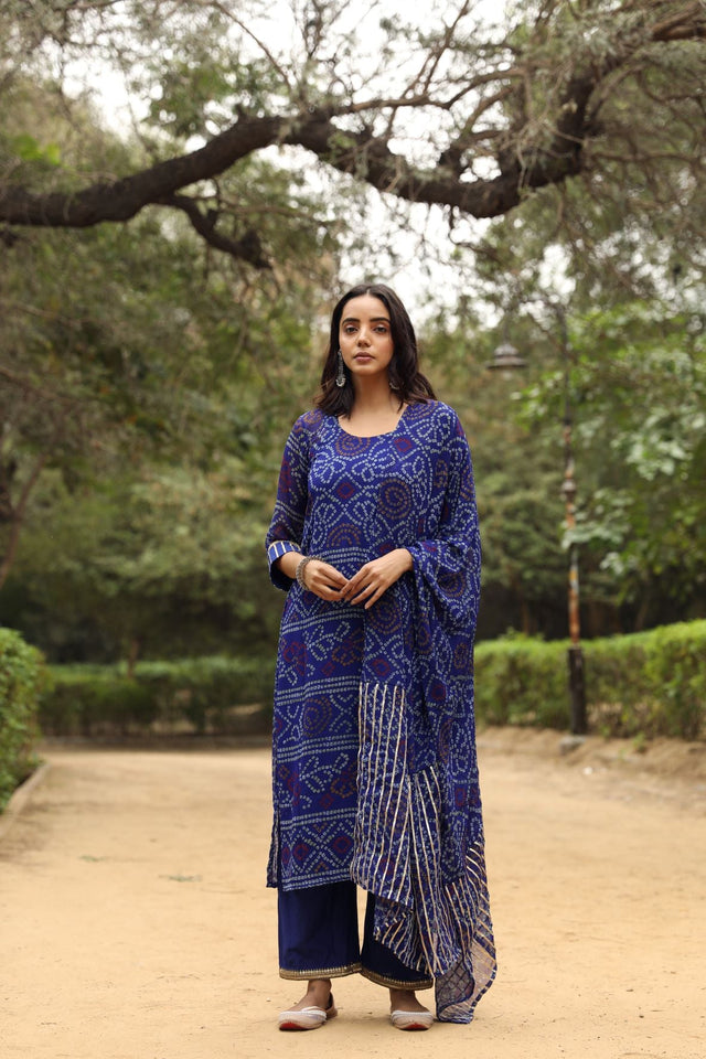 Georgette Bhandhani Sama Blue Straight Kurta