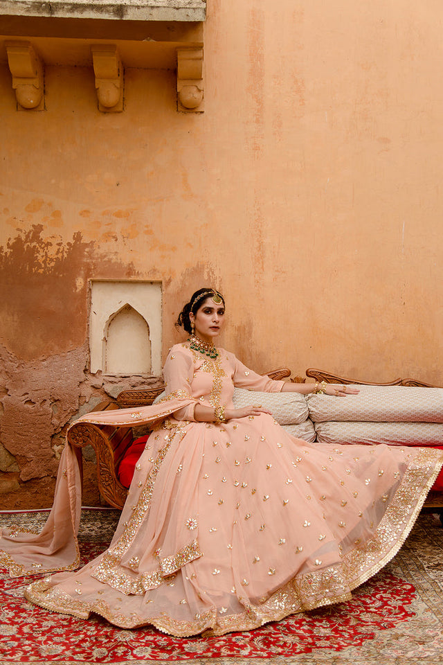 Georgette Kachi Patti Shagun Peach Lehenga With Dupatta