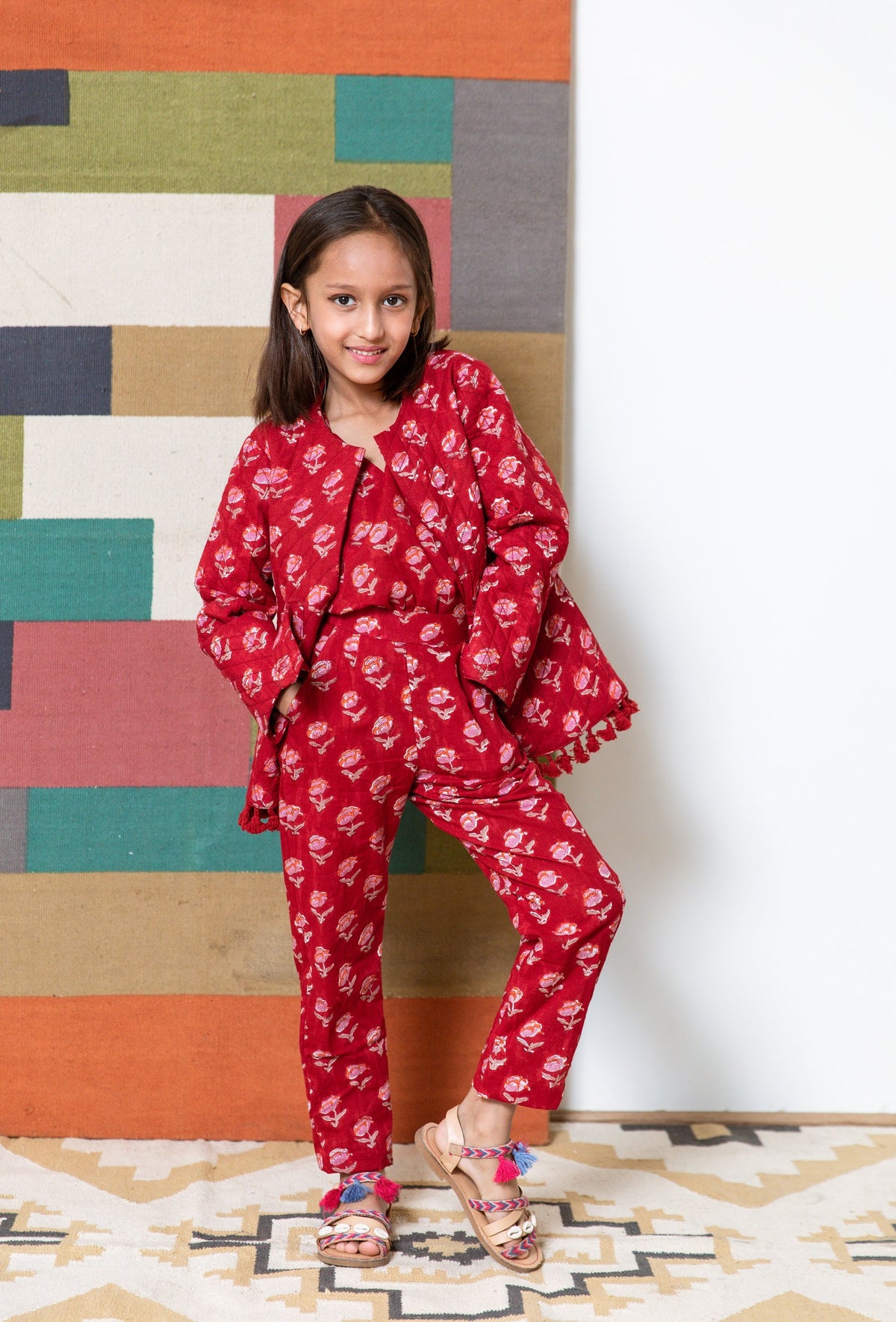 Shyla Red Cotton Co-Ord Set With Jacket
