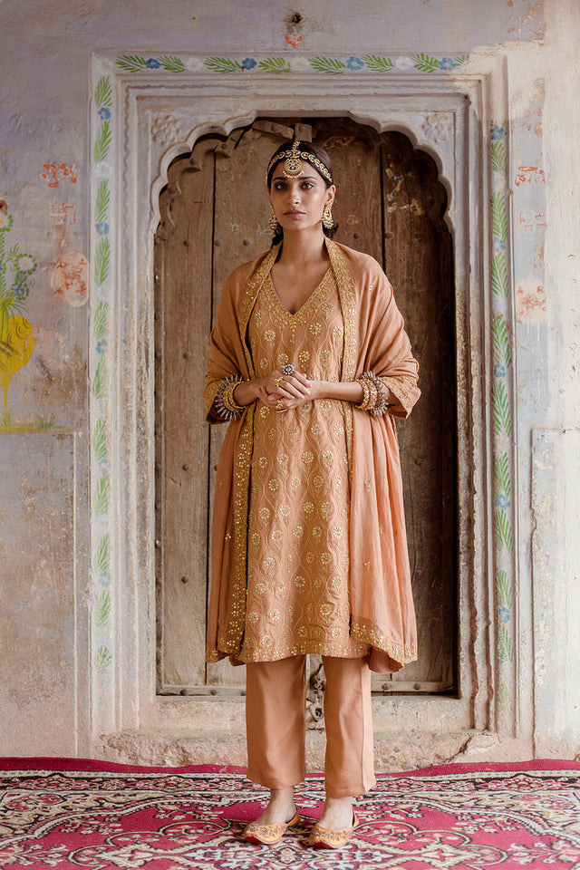 Gota And Taari Work Sweta Brown Muslin Kurta Set With Dupatta