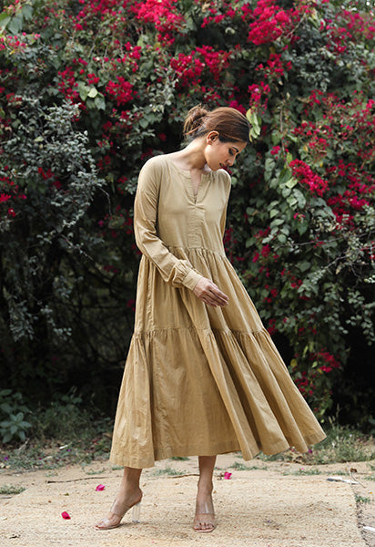 Tia Beige Cotton Dress With Long Sleeves