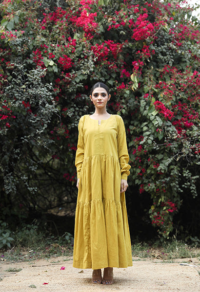 Tia Mustard Cotton Dress With Long Sleeves