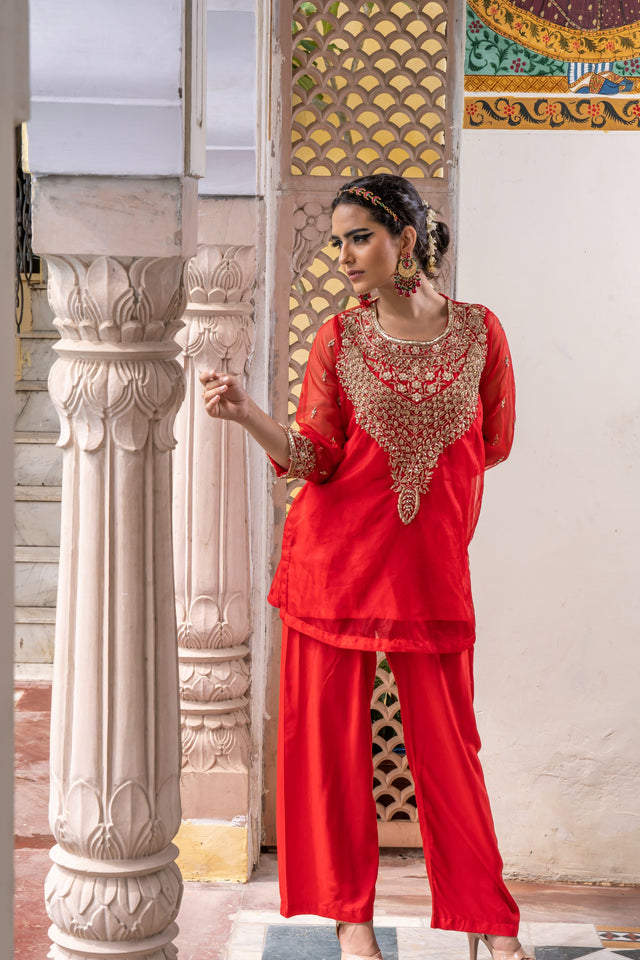 Zardozi Zifa Red Organza Kurta Set With Muslin Pant