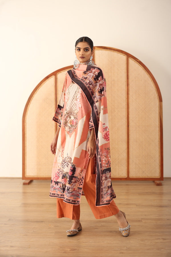 Zara Peach Straight Kurta Set With Dupatta