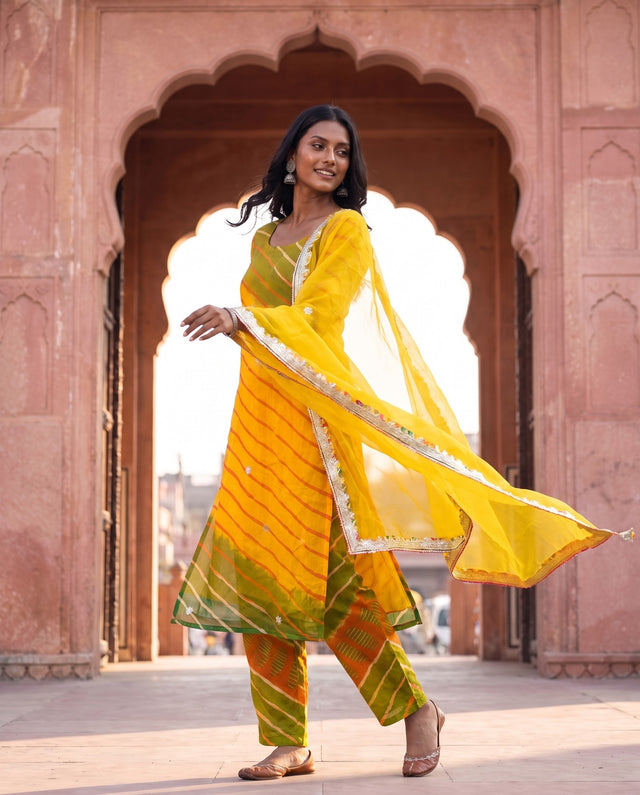 Mustard Leheriya Straight Set — kurta set, Gulabo Jaipur