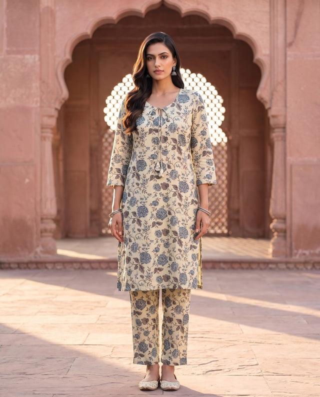 Saloni Beige Floral Print Straight Kurta Set