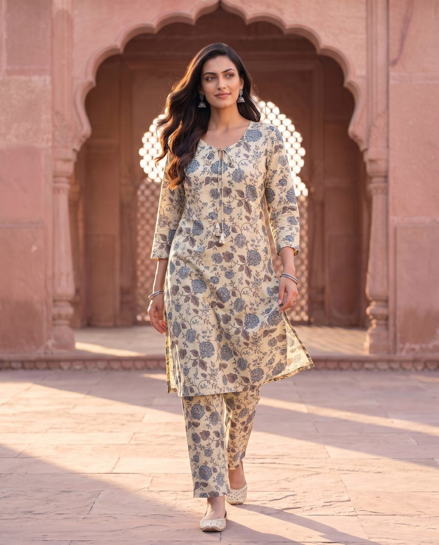 Saloni Beige Floral Print Straight Kurta Set