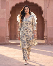 Saloni Beige Floral Print Straight Kurta Set 1