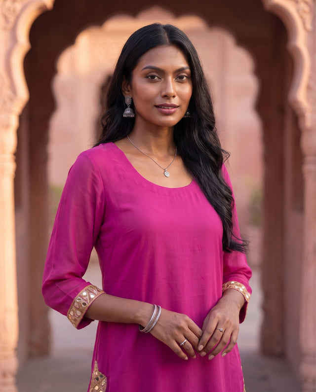 Magenta Mirror Border Kurta