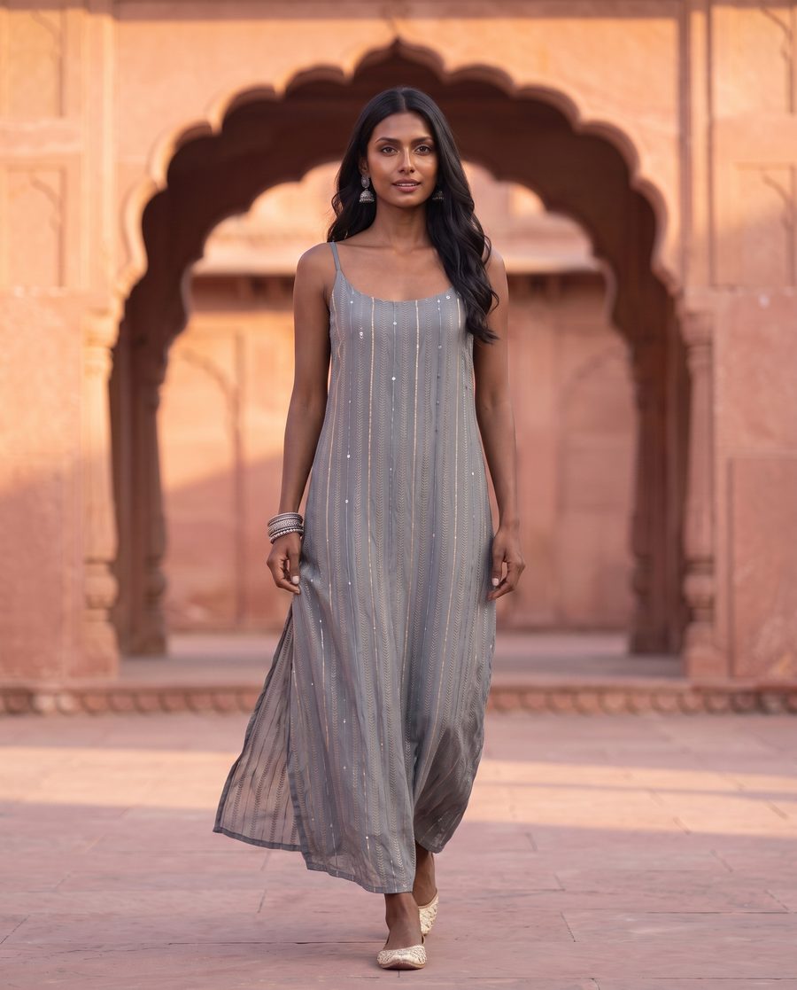 Niana Grey Sequin Striped Maxi Dress